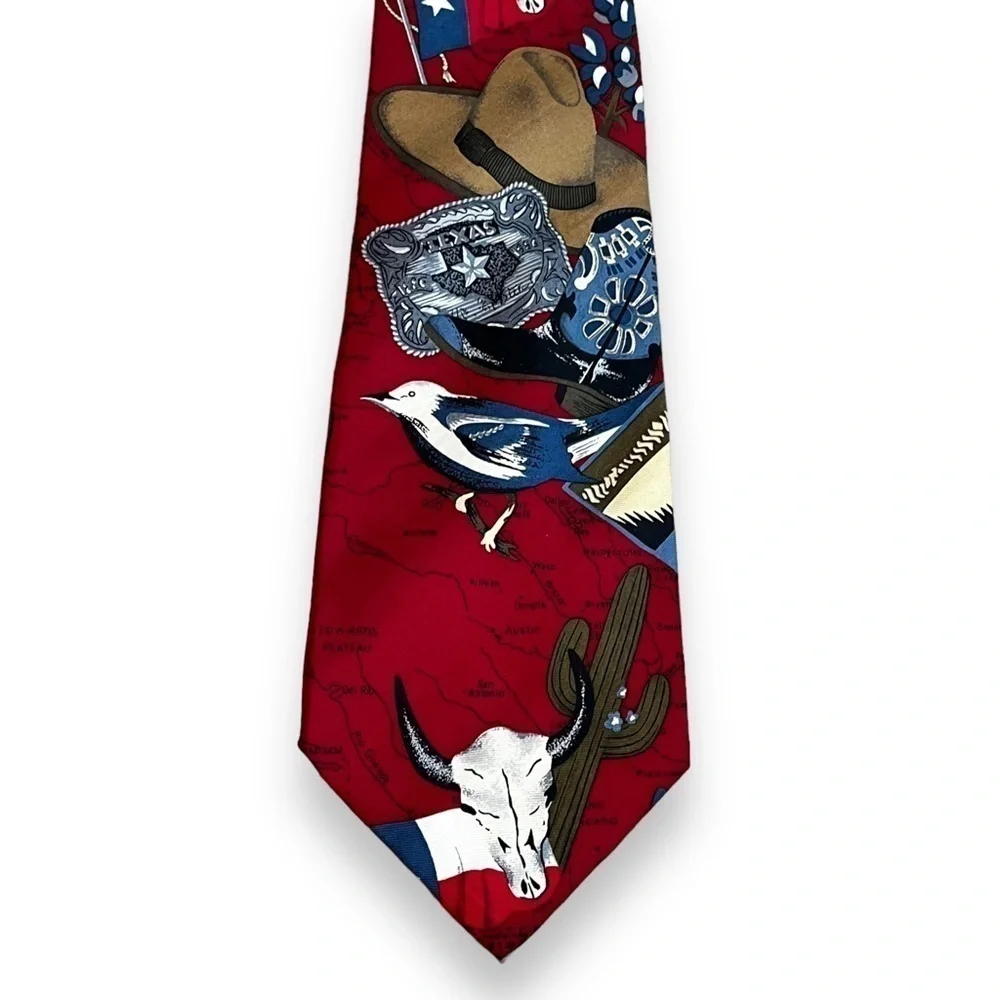VTG Texas State Tie Novelty Western Cowboy Hat Lone Star Flag Skull Cactus Silk